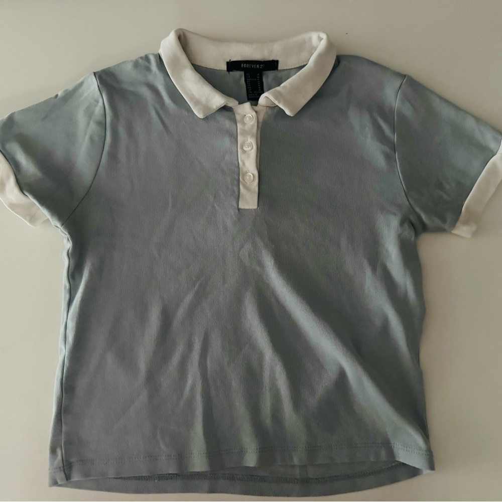 Forever 21 Girls Junior Cropped Baby Blue Polo/Collared Shirt
